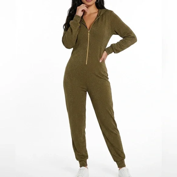 SAVAGE X FENTY Green gold Sparkly Hooded zip
Onesie Jumpsuit size large NWOT - Picture 7 of 8